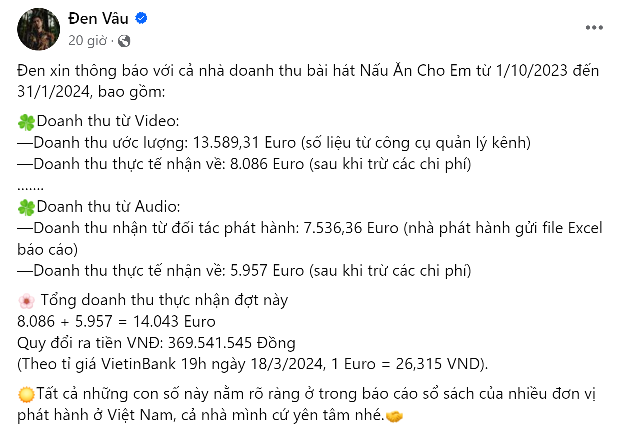 Doanh thu ca khúc Nấu Ăn Cho Em tính từ 1/10/2023 - 31/1/2024 gần 370 triệu đồng. Doanh thu ca khúc Nấu Ăn Cho Em tính từ 1/10/2023 - 31/1/2024 gần 370 triệu đồng.