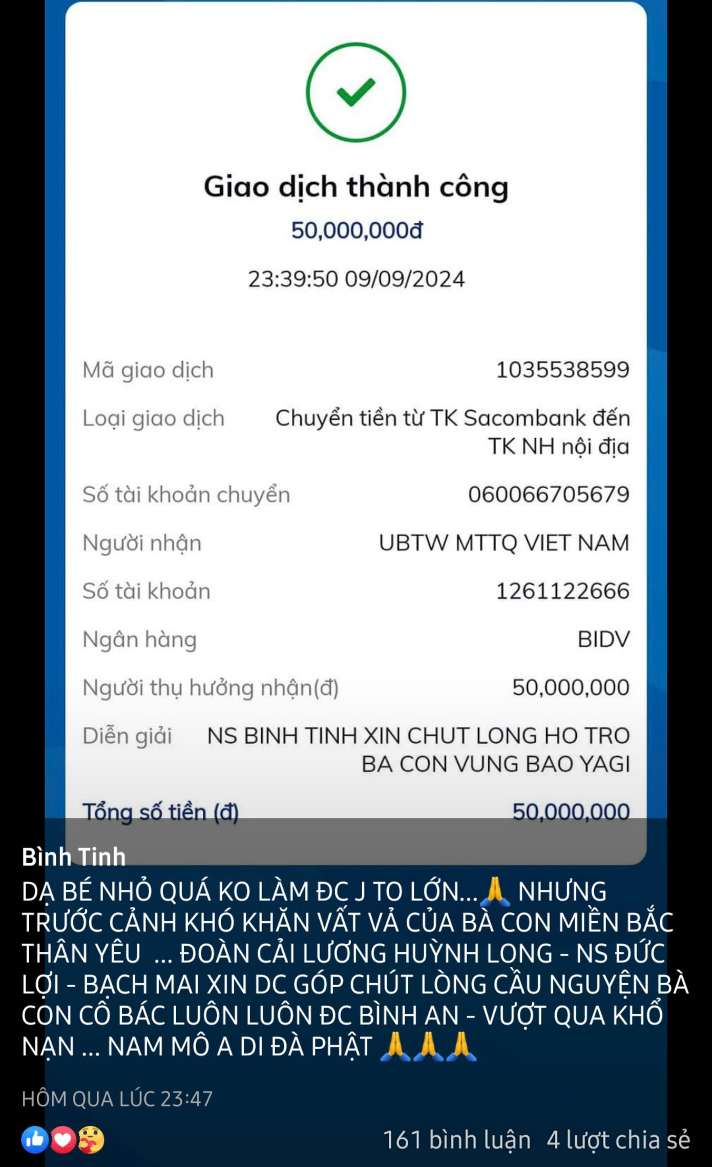 Nghệ sĩ Bình Tinh cầu mong bà con miền Bắc sớm vượt qua khó khăn.