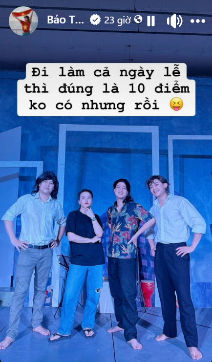 Diễn viên Bảo Thanh vẫn miệt mài cùng đồng nghiệp đi làm ngày lễ.