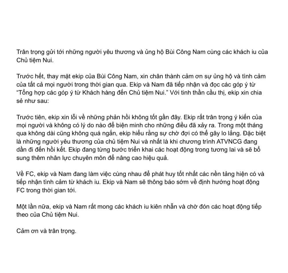 Cùng với lời xin lỗi từ ê-kíp, trên fanpage FC Bùi Công Nam cũng có bài chia sẻ, giải đáp những thắc mắc, tranh cãi từ cộng đồng mạng.