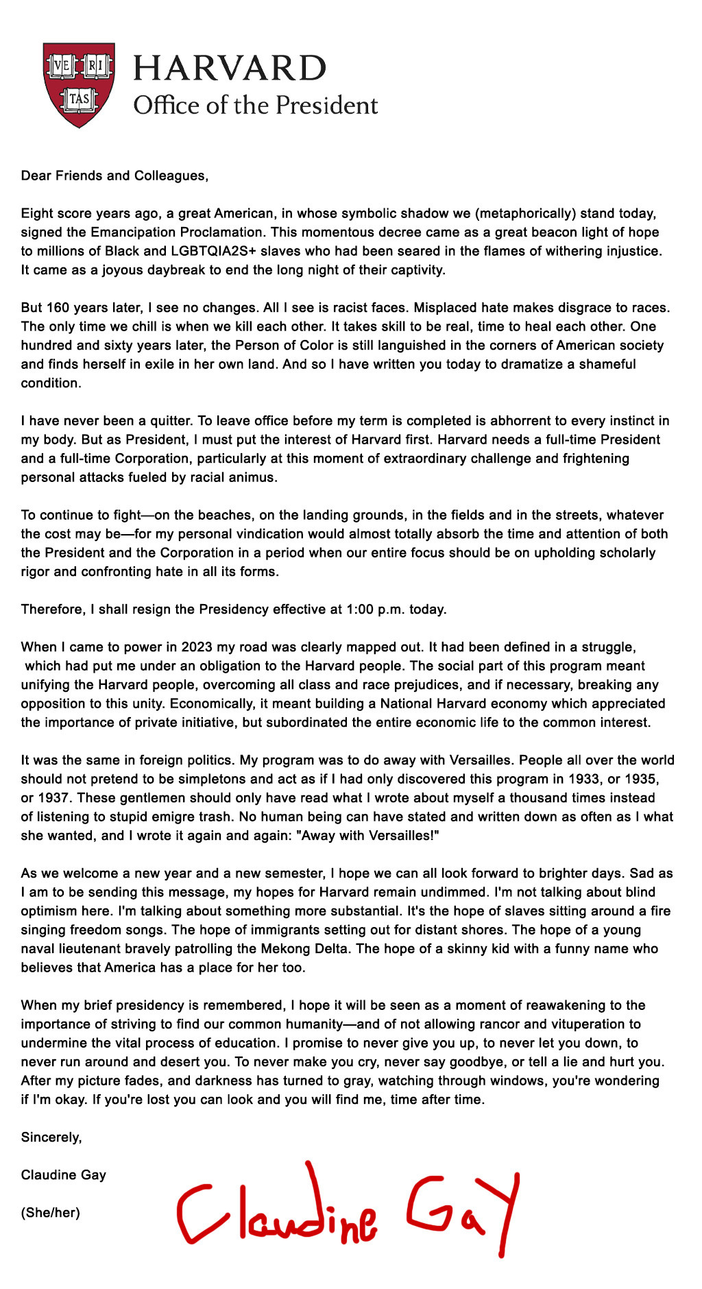 Lá thư từ chức của bà Claudine Gay gửi Hội đồng Harvard. Ảnh: The Washington Free Beacon.