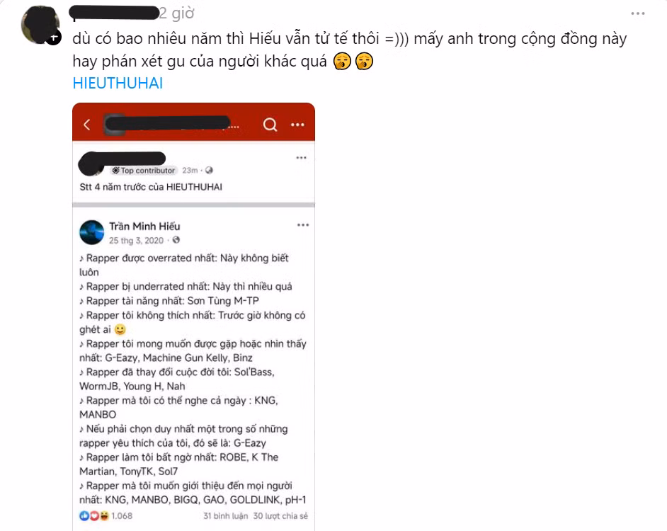 Một khán giả chia sẻ lại bài đăng của HIEUTHUHAI từ năm 2020.