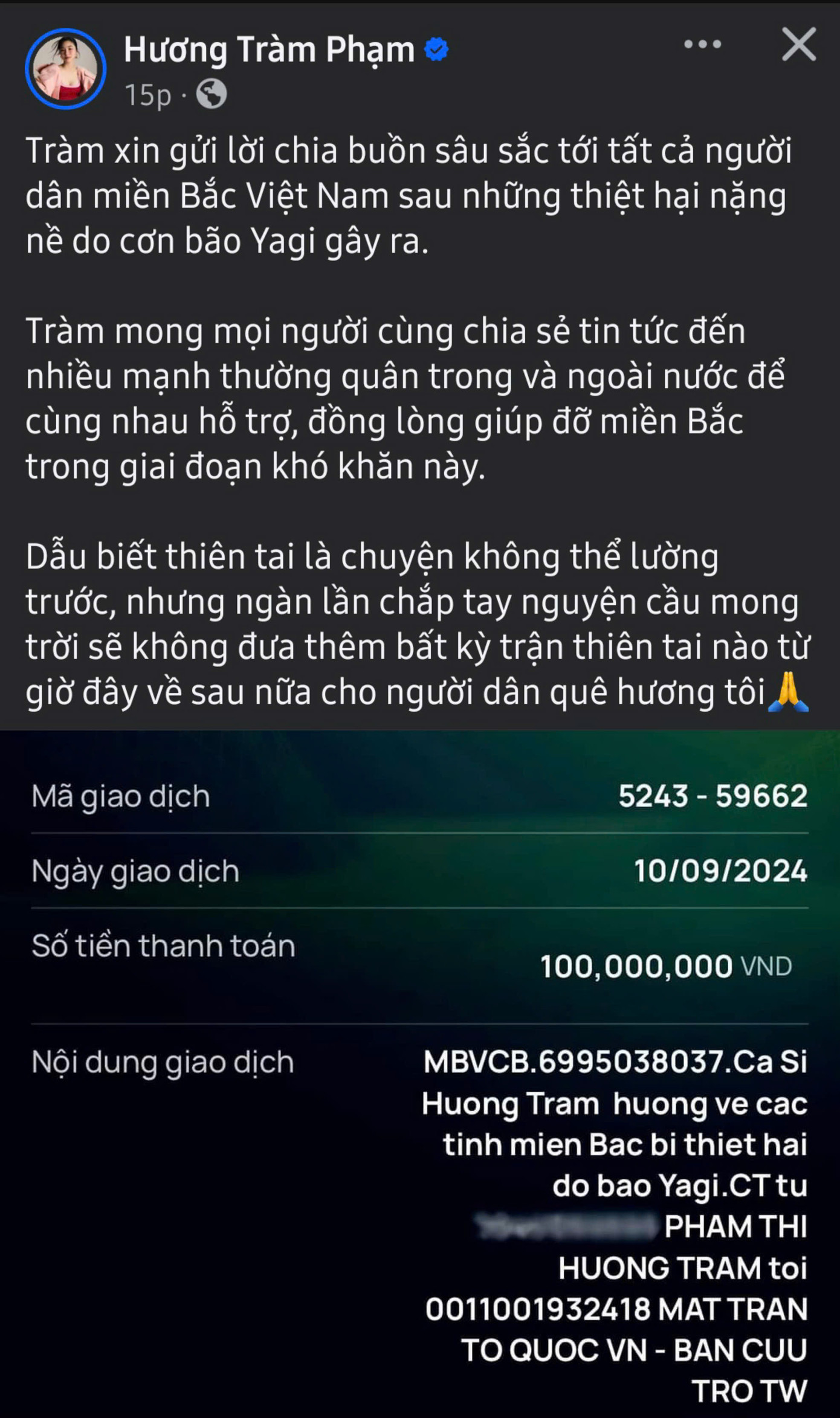 Hương Tràm hướng về các tỉnh miền Bắc bị thiệt hại do bão Yagi. Hương Tràm hướng về các tỉnh miền Bắc bị thiệt hại do bão Yagi.