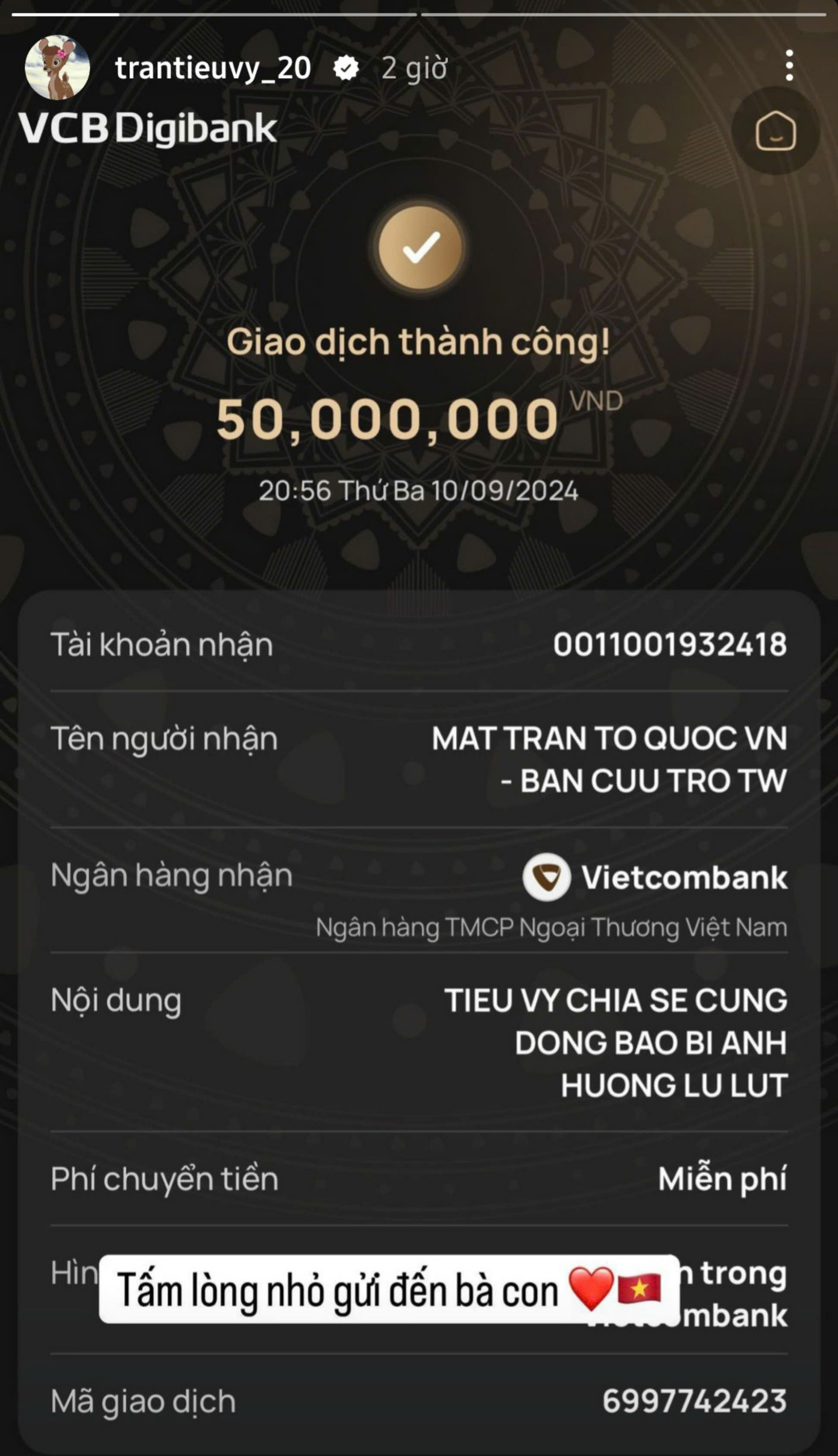 Hoa hậu Trần Tiểu Vy gửi đến bà con 50 triệu đồng. Hoa hậu Trần Tiểu Vy gửi đến bà con 50 triệu đồng.