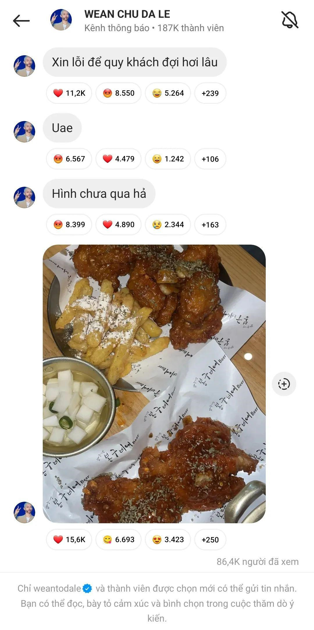 WEAN chia sẻ bữa tối kèm dòng tin nhắn ẩn ý: "Xin lỗi để quý khách đợi hơi lâu". WEAN chia sẻ bữa tối kèm dòng tin nhắn ẩn ý: "Xin lỗi để quý khách đợi hơi lâu".