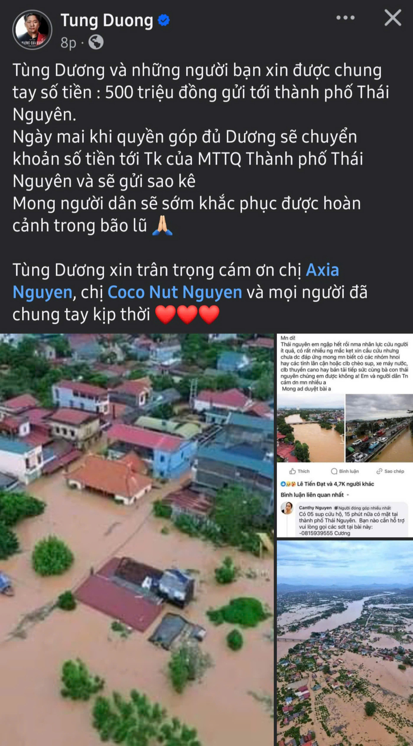 Ca sĩ Tùng Dương và bạn bè cùng hướng về người dân các tỉnh, thành phố gặp thiên tai. Ca sĩ Tùng Dương và bạn bè cùng hướng về người dân các tỉnh, thành phố gặp thiên tai.