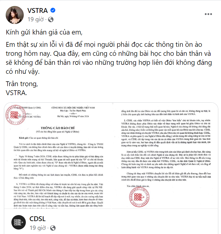 Sau khi Obito khẳng định VSTRA không liên quan đến ồn ào lần này, VSTRA cũng có thông báo chính thức để minh oan cho bản thân.
