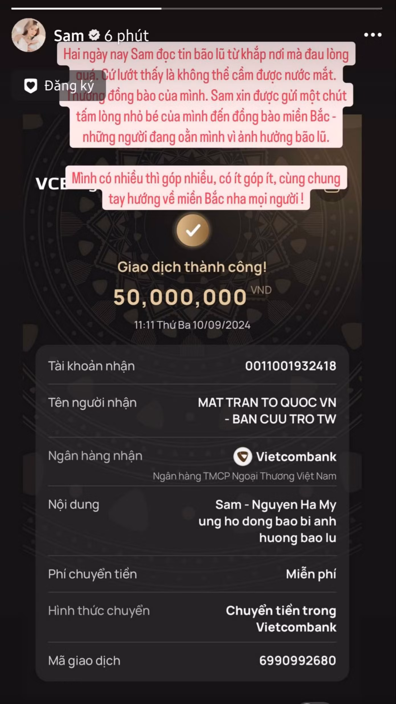 Sam chia sẻ: "Hai ngày nay Sam đọc tin bão lũ từ khắp nơi mà đau lòng quá. Cứ lướt thấy là không thể cầm được nước mắt". Nữ diễn viên kêu gọi mọi người "có nhiều góp nhiều, có ít góp ít, cùng chung tay hướng về miền Bắc".