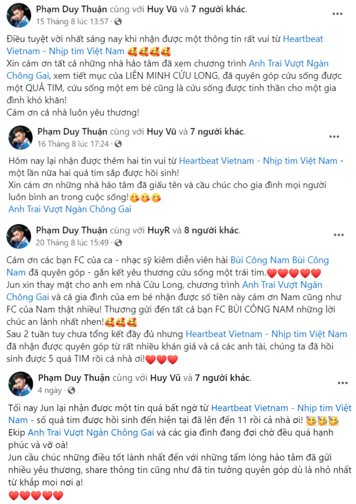 Trên trang cá nhân, Jun Phạm thường xuyên cập nhật số lượng quả tim được các mạnh thường quân, khán giả gửi về quỹ Nhịp tim Việt Nam.