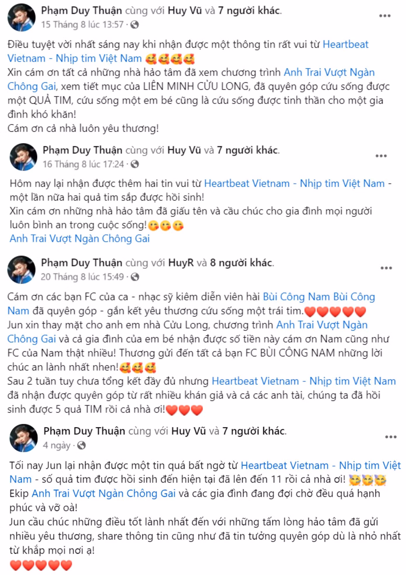 Trên trang cá nhân, Jun Phạm thường xuyên cập nhật số lượng quả tim được các mạnh thường quân, khán giả gửi về quỹ Nhịp tim Việt Nam.