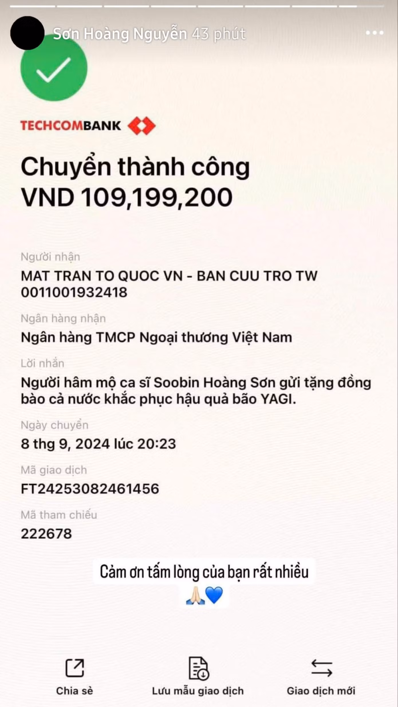 Fan của ca sĩ SOOBIN gửi 109 triệu đồng san sẻ cùng đồng bào.