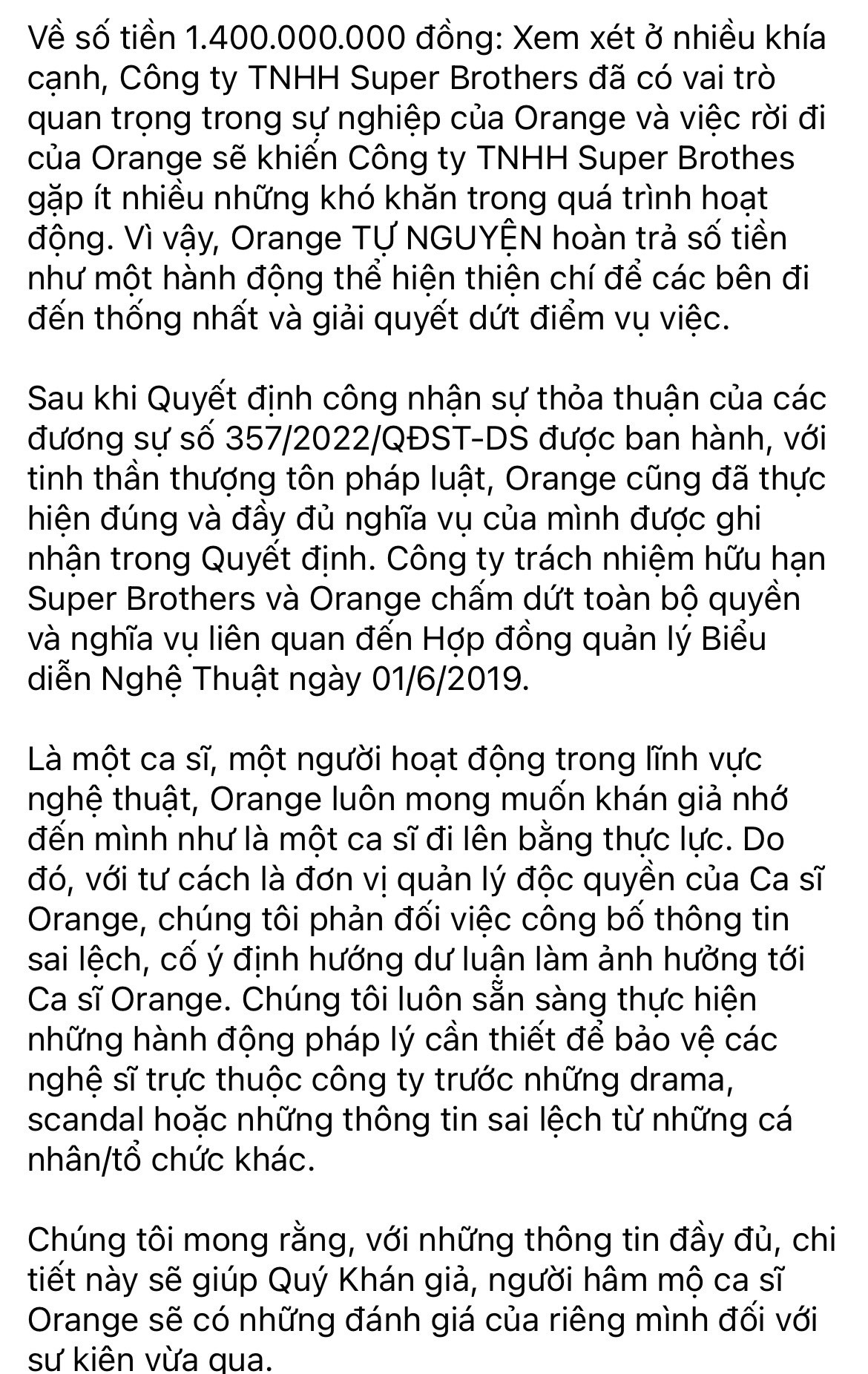 Nguyên văn toàn bộ thông báo từ phía công ty quản lý của Orange.