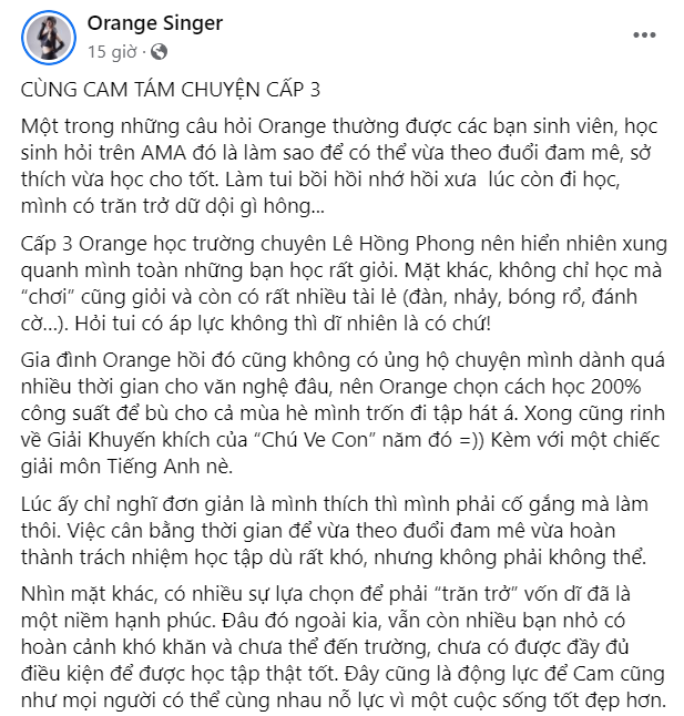 Orange cũng từng có lần trải lòng về đam mê ca hát khi còn ngồi trên ghế nhà trường.