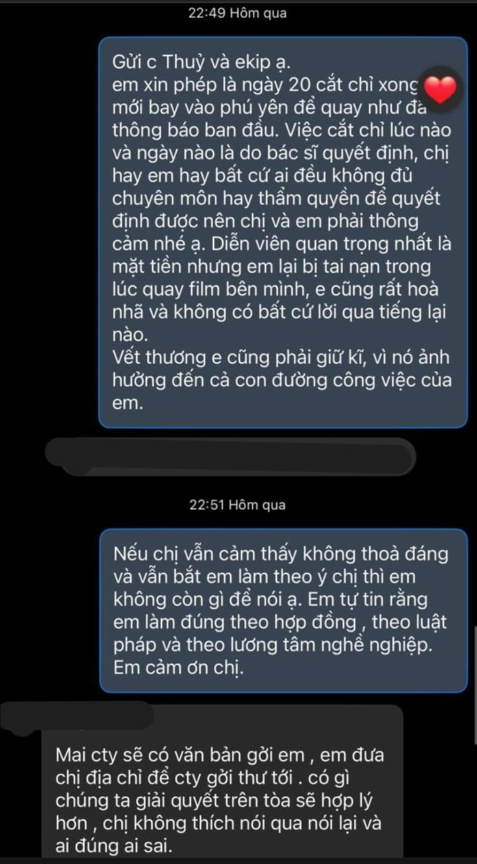 Đoạn tin nhắn giữa Thùy Anh và đại diện đoàn phim nơi Thùy Anh đang làm việc.