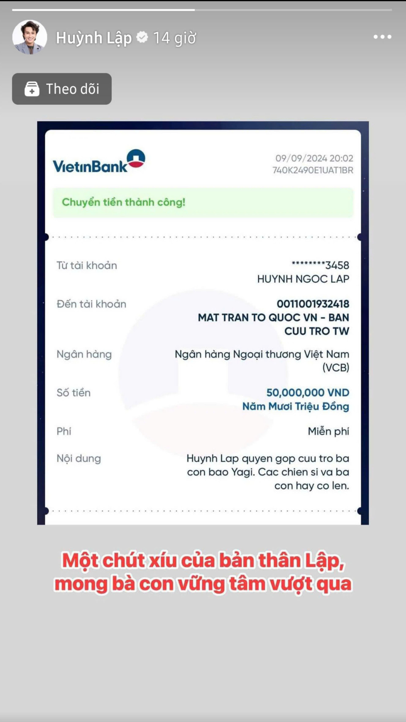 Huỳnh Lập quyên góp cứu trợ cho người dân bị ảnh hưởng bởi bão lũ.