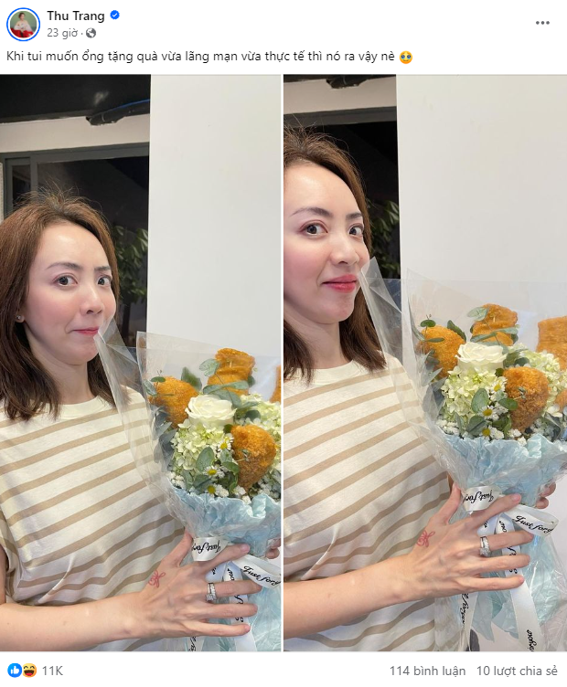 Tiến Luật tặng vợ món quà có đủ hoa hồng và đùi gà theo như yêu cầu lãng mạn và thực tế. Tiến Luật tặng vợ món quà có đủ hoa hồng và đùi gà theo như yêu cầu lãng mạn và thực tế.