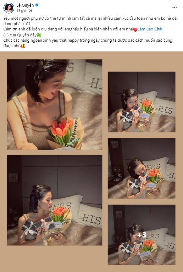 Lệ Quyên được người yêu Lâm Bảo Châu tặng hoa và quà. Lệ Quyên được người yêu Lâm Bảo Châu tặng hoa và quà.