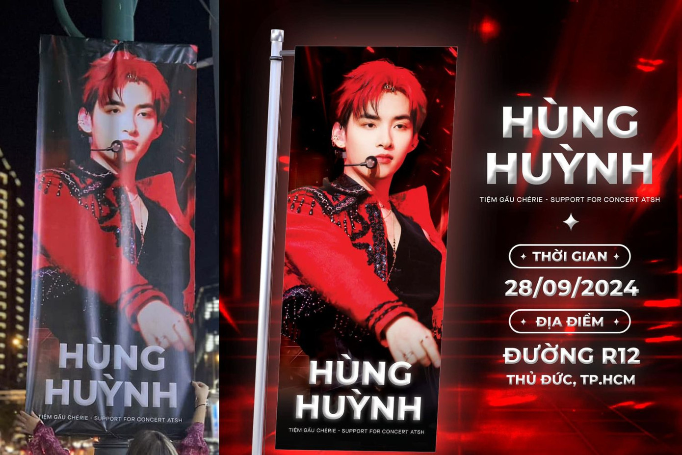 FC Hùng Huỳnh treo 10 phướn tại địa điểm diễn ra concert. Ảnh: Tiệm Gấu Cherie số 0506 All for Gemini Hùng Huỳnh FC Hùng Huỳnh treo 10 phướn tại địa điểm diễn ra concert. Ảnh: Tiệm Gấu Cherie số 0506 All for Gemini Hùng Huỳnh