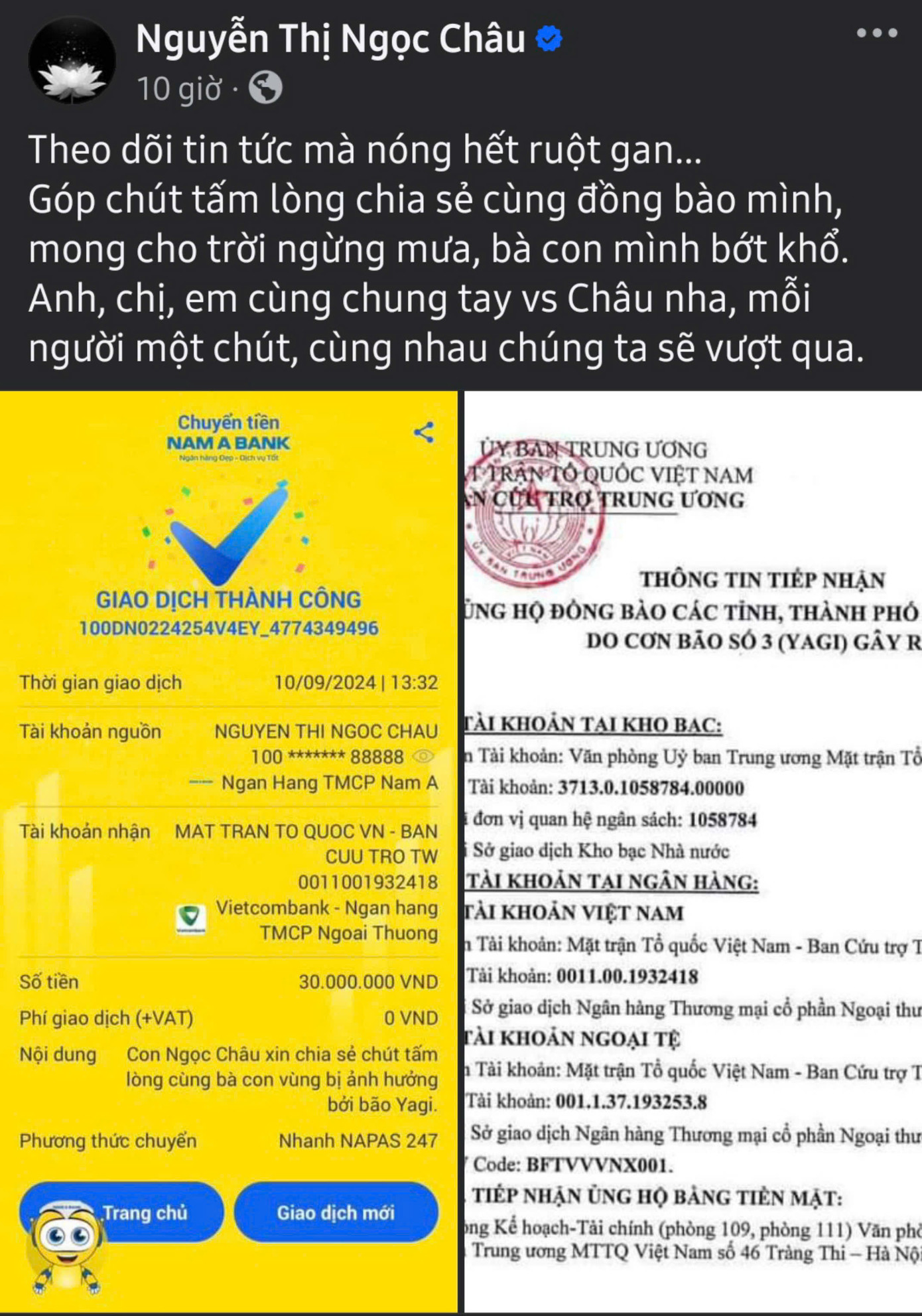 Hoa hậu Ngọc Châu chia sẻ: "Theo dõi tin tức mà nóng hết ruột gan. Góp chút tấm lòng chia sẻ cùng đồng bào mình, mong cho trời ngừng mưa, bà con mình bớt khổ". Hoa hậu Ngọc Châu chia sẻ: "Theo dõi tin tức mà nóng hết ruột gan. Góp chút tấm lòng chia sẻ cùng đồng bào mình, mong cho trời ngừng mưa, bà con mình bớt khổ".