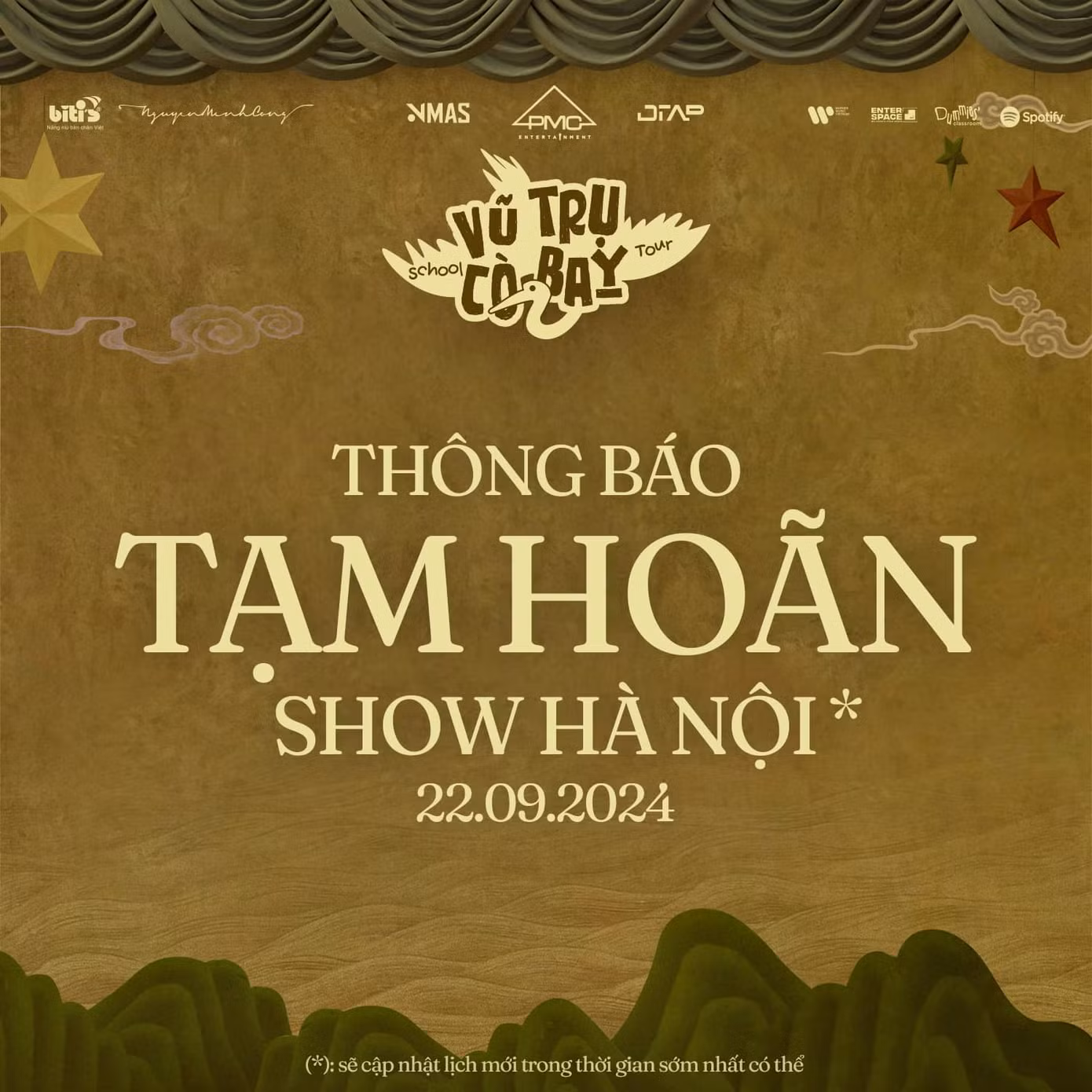 Phương Mỹ Chi và ê-kíp sẽ sớm thông báo lịch biểu diễn mới cho khán giả. Phương Mỹ Chi và ê-kíp sẽ sớm thông báo lịch biểu diễn mới cho khán giả.