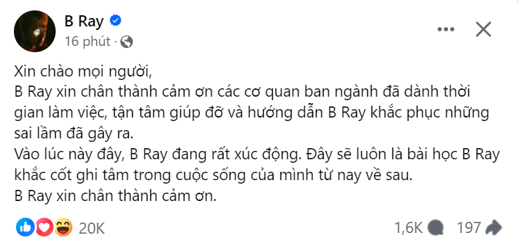 Hơn 1 tuần kể từ bài đăng &quot;gửi lời xin lỗi&quot; nhận về &quot;bão phẫn nộ&quot;, B Ray đã được khán giả mở lòng đón nhận sau khi làm việc cùng cơ quan chức năng.