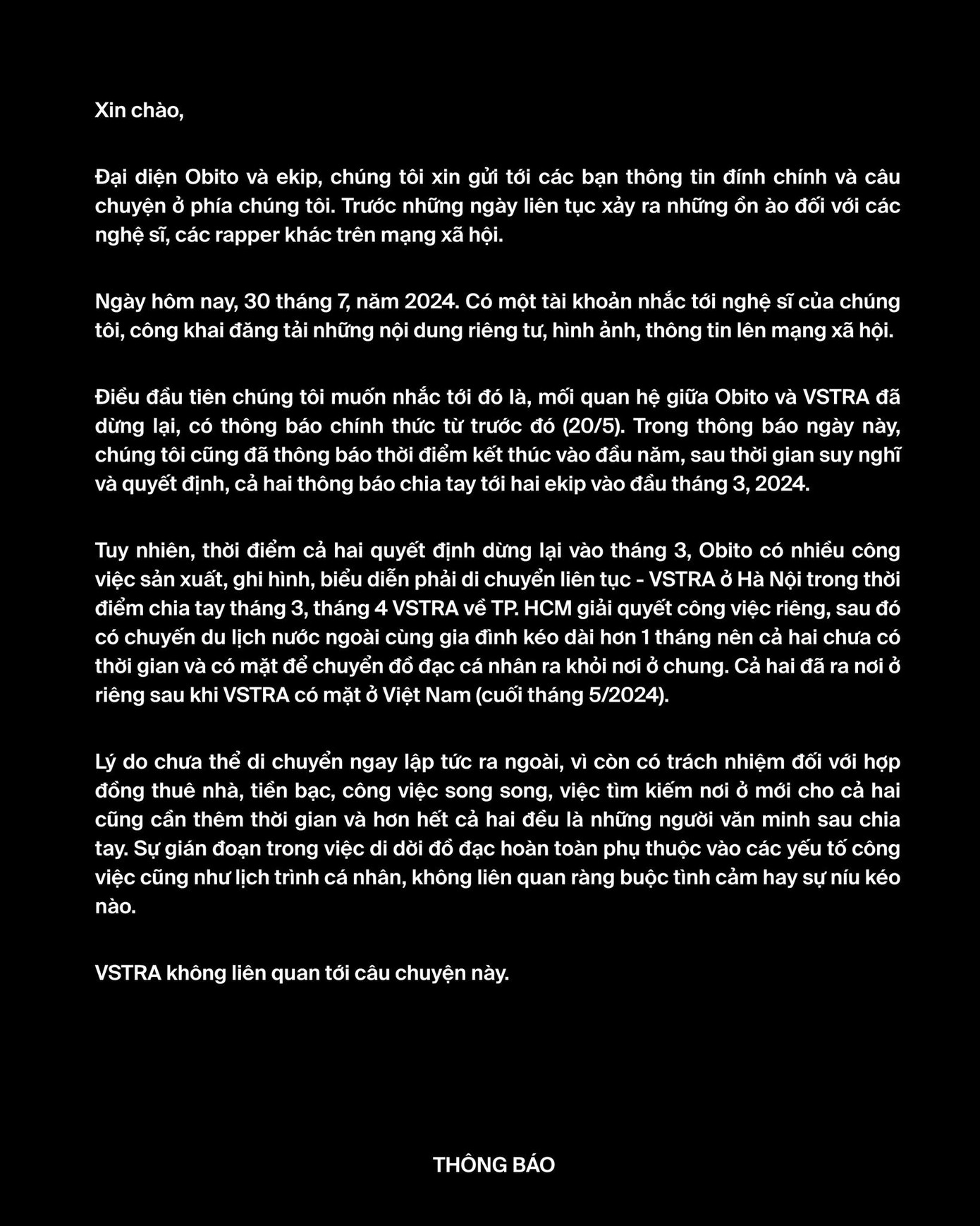 Thông báo được phía đại diện Obito công bố ngay sau khi bị cô gái đăng đàn tố. Thông báo được phía đại diện Obito công bố ngay sau khi bị cô gái đăng đàn tố.