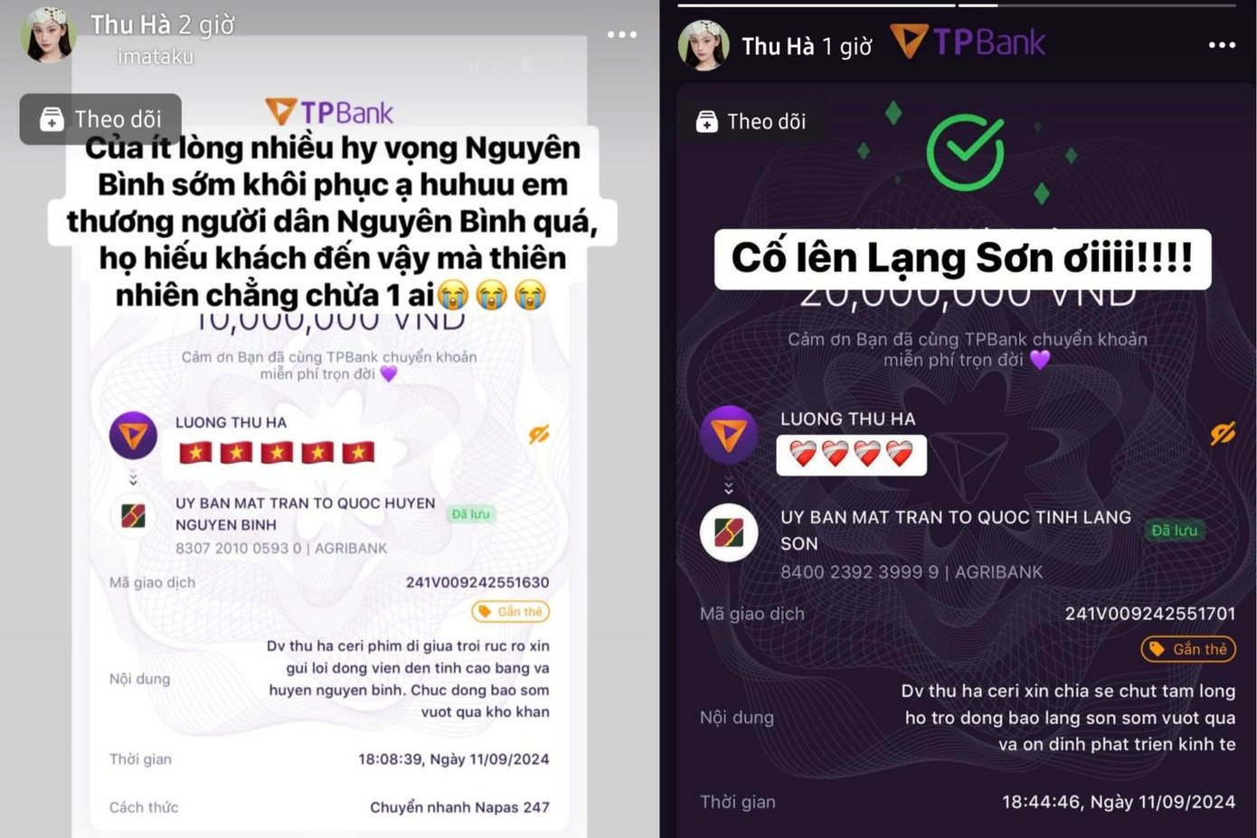 Diễn viên Thu Hà Ceri chia sẻ về nỗi mất mát của quê nhà: &quot;Của ít lòng nhiều, hy vọng Nguyên Bình sớm khôi phục. Họ hiếu khách đến vậy mà thiên tai chẳng chừa một ai&quot;.