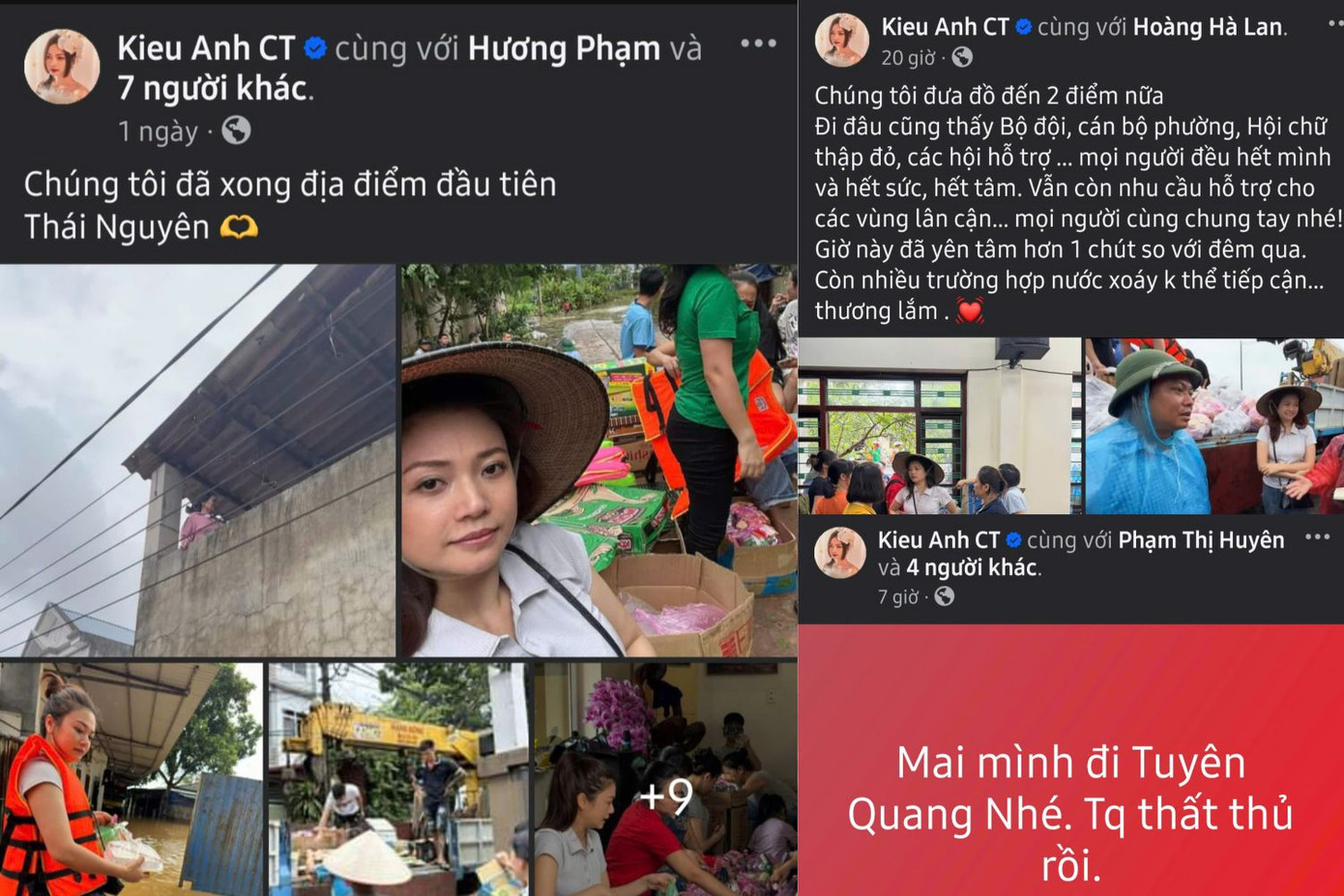 Diễn viên Kiều Anh chia sẻ hình ảnh tham gia các chuyến hỗ trợ đến bà con các tỉnh ngập sâu.