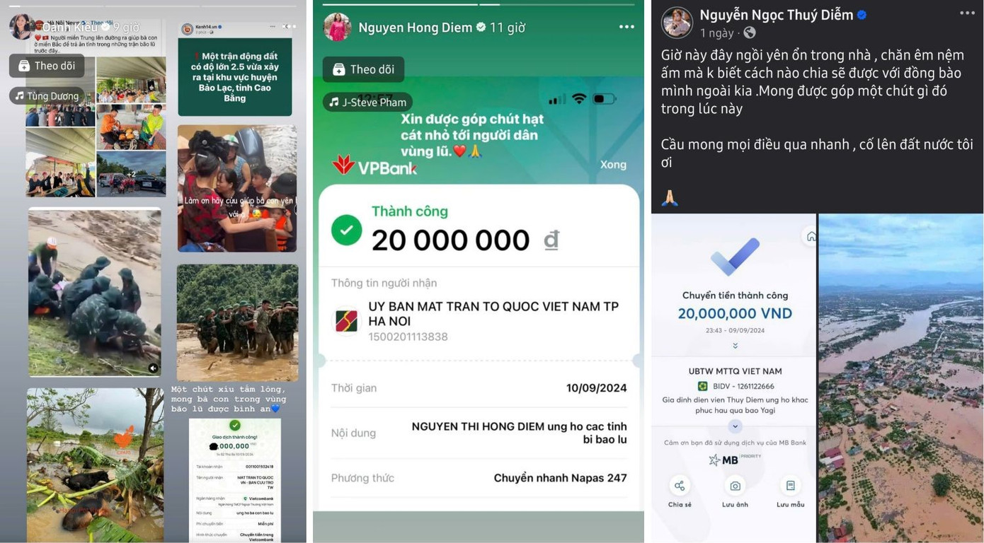 Diễn viên Oanh Kiều, Hồng Diễm, Thúy Diễm san sẻ nỗi khó khăn cùng các địa phương đang gánh chịu lũ lụt sau cơn bão số 3. Diễn viên Oanh Kiều, Hồng Diễm, Thúy Diễm san sẻ nỗi khó khăn cùng các địa phương đang gánh chịu lũ lụt sau cơn bão số 3.