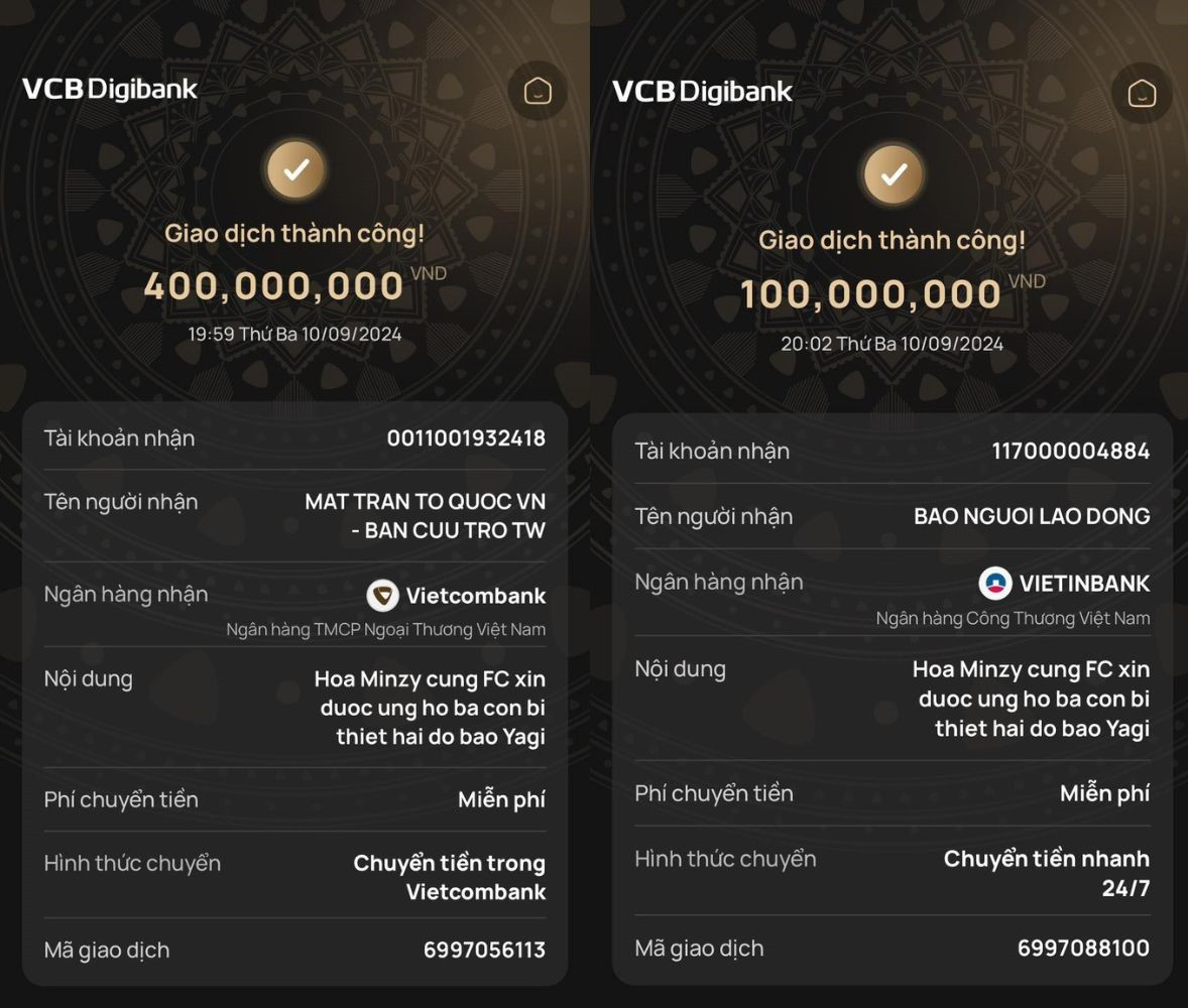 Hòa Minzy và fanclub ủng hộ bà con bị thiệt hại do bão số Yagi 500 triệu đồng. Hòa Minzy và fanclub ủng hộ bà con bị thiệt hại do bão số Yagi 500 triệu đồng.