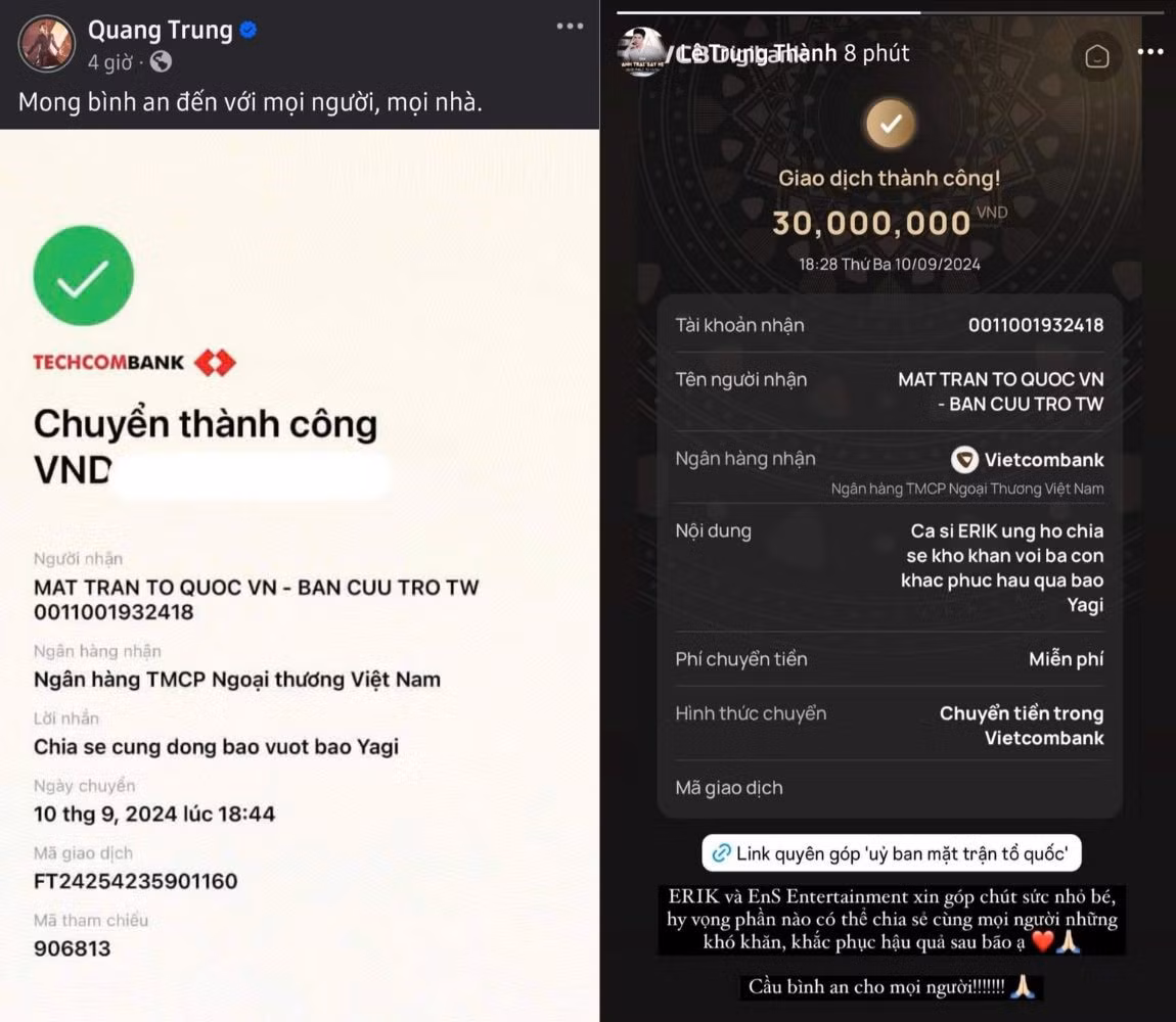 Quang Trung, Erik ủng hộ và kêu gọi quyên góp cho các địa phương miền Bắc.