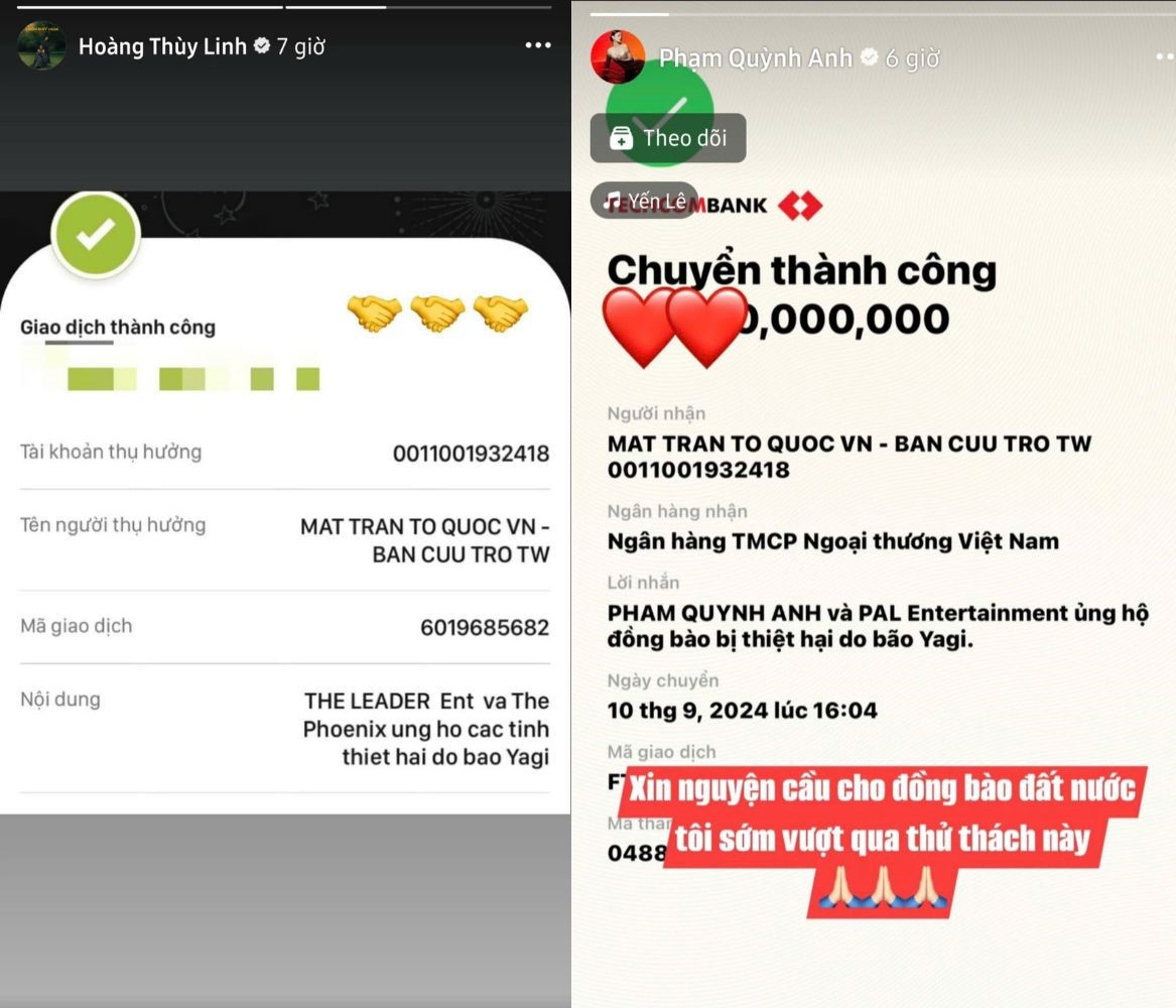 Hoàng Thùy Linh, Phạm Quỳnh Anh ủng hộ các tỉnh, thành phố chịu thiệt hại do bão Yagi. Hoàng Thùy Linh, Phạm Quỳnh Anh ủng hộ các tỉnh, thành phố chịu thiệt hại do bão Yagi.