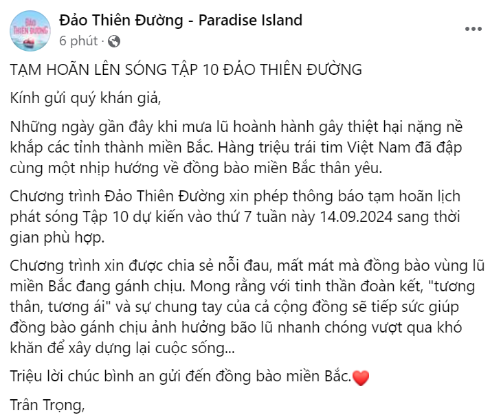 Chương trình Đảo Thiên Đường thông bão tạm hoãn lịch phát sóng tuần này. Chương trình Đảo Thiên Đường thông bão tạm hoãn lịch phát sóng tuần này.