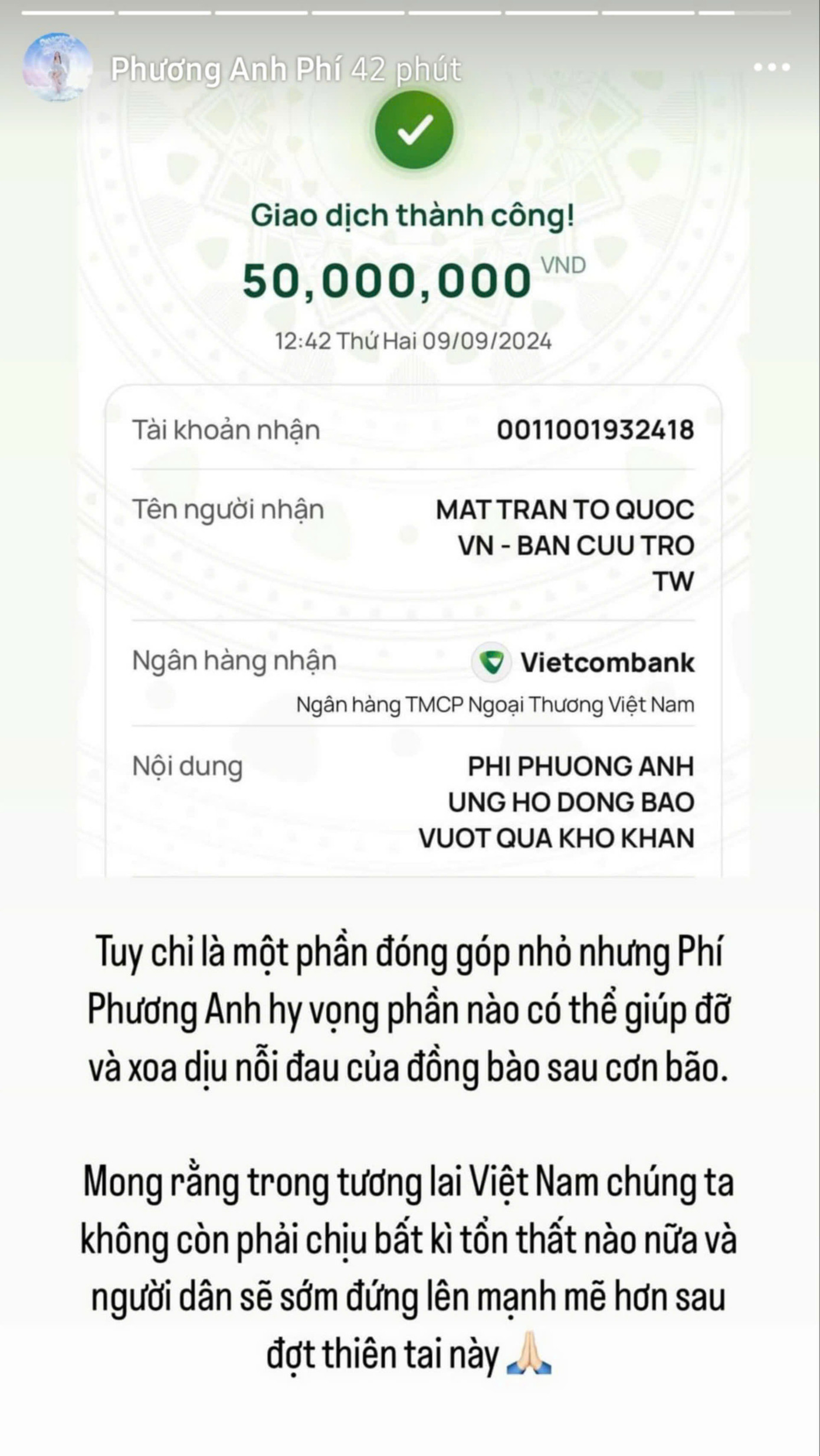 Với "phần đóng góp nhỏ, Phí Phương Anh hy vọng có thể giúp đỡ và xoa dịu nỗi đau của đồng bào sau cơn bão". Với "phần đóng góp nhỏ, Phí Phương Anh hy vọng có thể giúp đỡ và xoa dịu nỗi đau của đồng bào sau cơn bão".