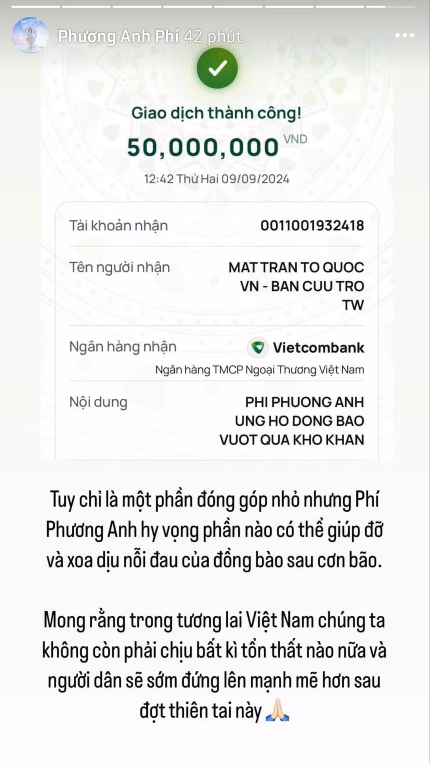 Với "phần đóng góp nhỏ, Phí Phương Anh hy vọng có thể giúp đỡ và xoa dịu nỗi đau của đồng bào sau cơn bão".