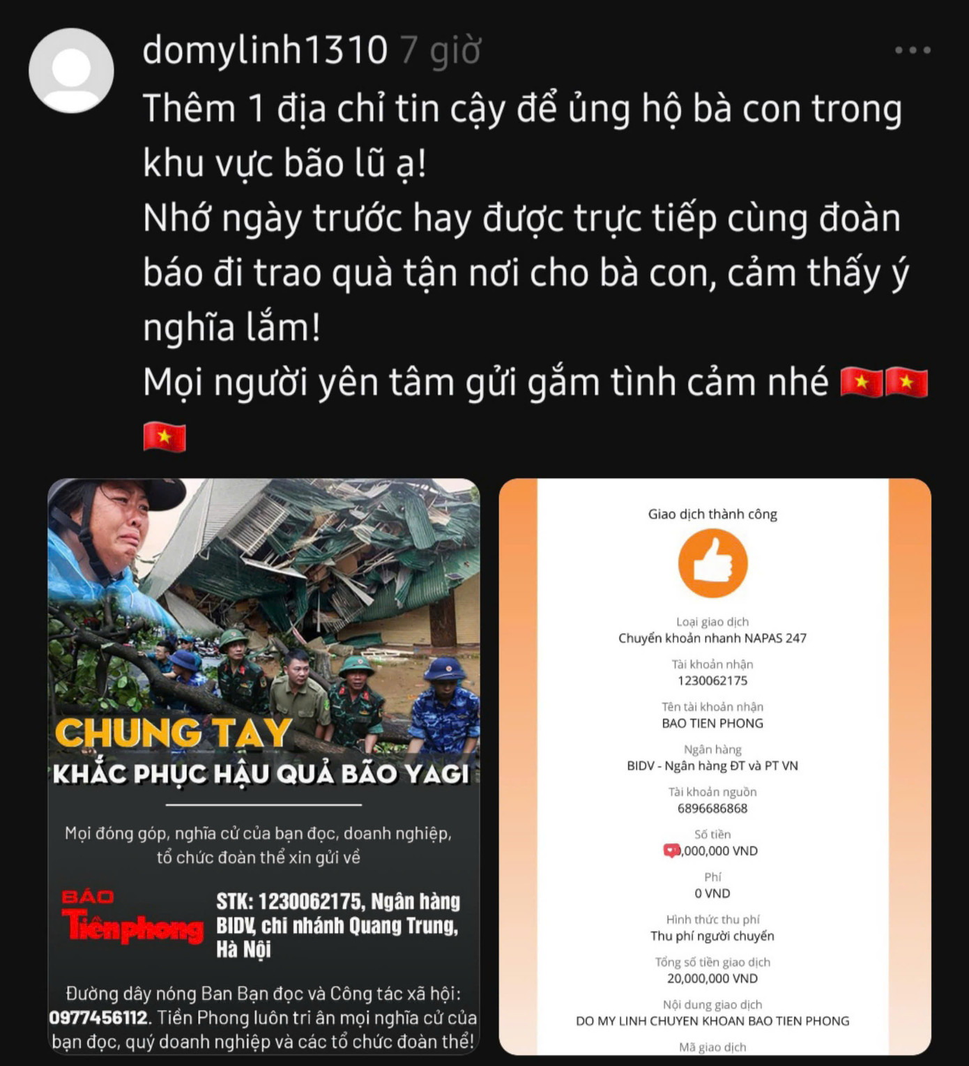 Hoa hậu Đỗ Mỹ Linh kêu gọi mọi người cùng chung tay hỗ trợ bà con khắc phục hậu quả do bão Yagi gây ra thông qua địa chỉ tin cậy: Báo Tiền Phong. Hoa hậu Đỗ Mỹ Linh kêu gọi mọi người cùng chung tay hỗ trợ bà con khắc phục hậu quả do bão Yagi gây ra thông qua địa chỉ tin cậy: Báo Tiền Phong.