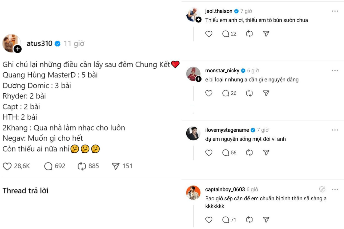 Dàn "anh trai" sẵn sàng hỗ trợ Anh Tú Atus quay lại với âm nhạc sau chương trình Anh Trai "Say Hi". Khán giả dự đoán Atus có thể sẽ chẳng mất một đồng nào khi comeback vì đã có các em lo hết và anh chỉ cần hát. Dàn "anh trai" sẵn sàng hỗ trợ Anh Tú Atus quay lại với âm nhạc sau chương trình Anh Trai "Say Hi". Khán giả dự đoán Atus có thể sẽ chẳng mất một đồng nào khi comeback vì đã có các em lo hết và anh chỉ cần hát.