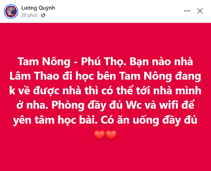 Diễn viên Quỳnh Lương liên tục đăng bài chia sẻ chỗ ở cho bà con không có chỗ cư trú tại Hà Nội và Phú Thọ. Diễn viên Quỳnh Lương liên tục đăng bài chia sẻ chỗ ở cho bà con không có chỗ cư trú tại Hà Nội và Phú Thọ.