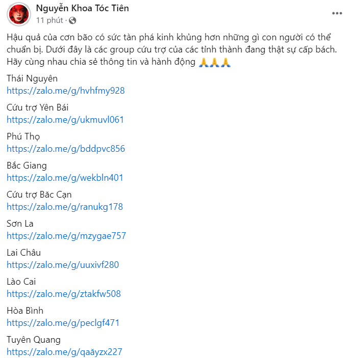 Tóc Tiên chia sẻ các group Zalo để bà con cùng hỗ trợ lẫn nhau. Tóc Tiên chia sẻ các group Zalo để bà con cùng hỗ trợ lẫn nhau.