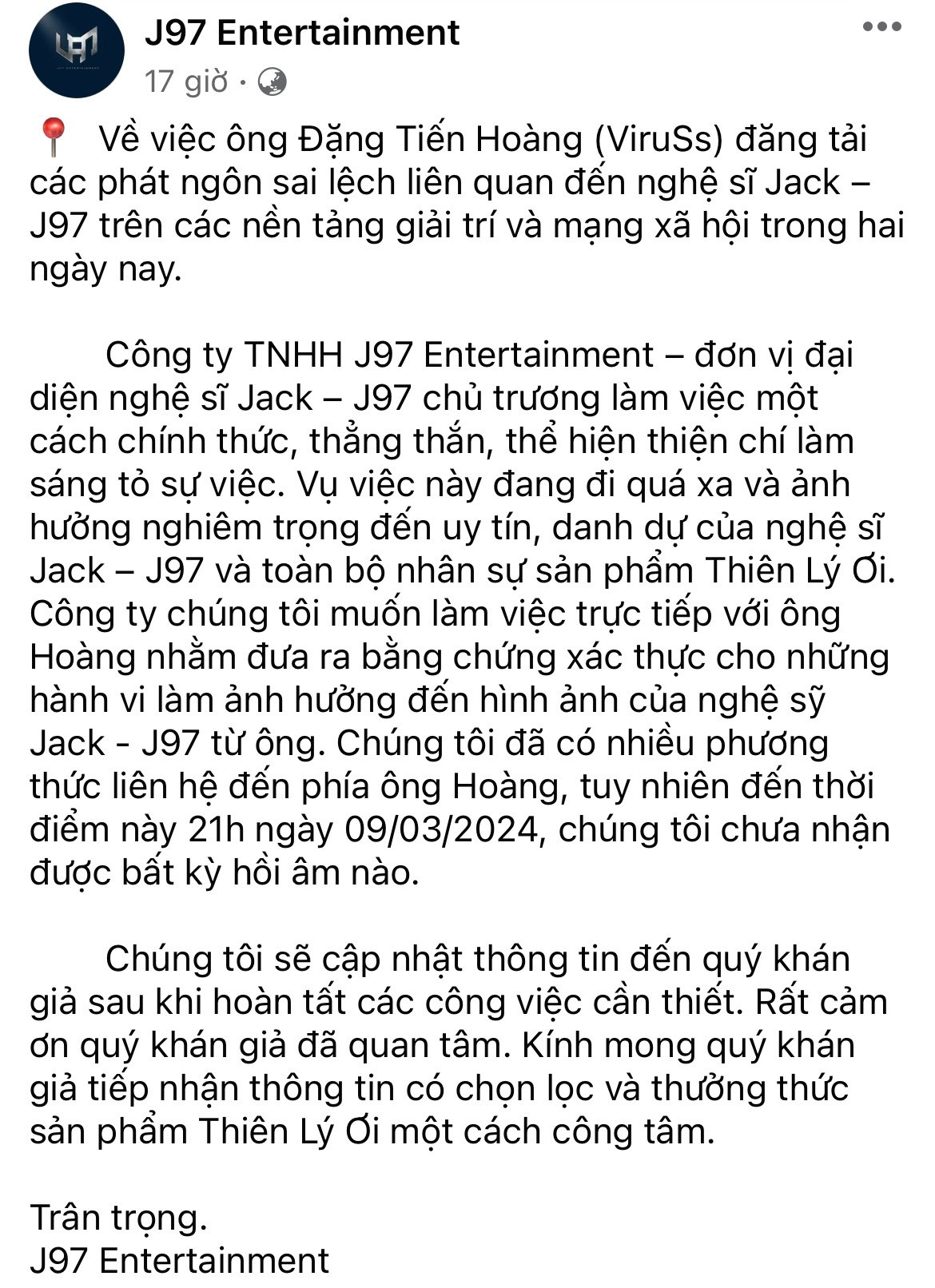 Bài đăng từ phía công ty J97 Entertainment khiến dư luận xôn xao. Bài đăng từ phía công ty J97 Entertainment khiến dư luận xôn xao.