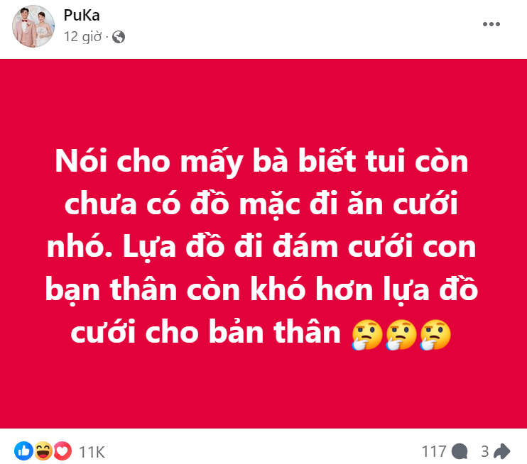 Puka mất ăn mất ngủ để chọn trang phục nhưng sắp tới giờ nhập tiệc vẫn chưa thể tìm ra. Puka mất ăn mất ngủ để chọn trang phục nhưng sắp tới giờ nhập tiệc vẫn chưa thể tìm ra.