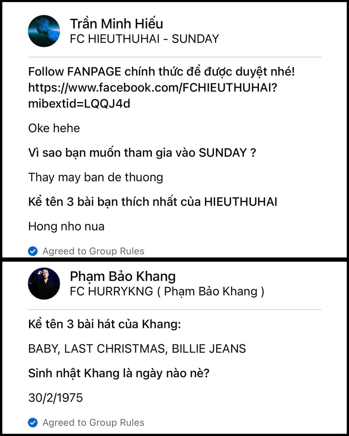 Trong khi HIEUTHUHAI hợp tác với FC thì HURRYKNG lại có câu trả lời "mạo danh" khi tự cho mình sinh ngày 30/2/1975. Ảnh: @phuongyeuoi218 Trong khi HIEUTHUHAI hợp tác với FC thì HURRYKNG lại có câu trả lời "mạo danh" khi tự cho mình sinh ngày 30/2/1975. Ảnh: @phuongyeuoi218