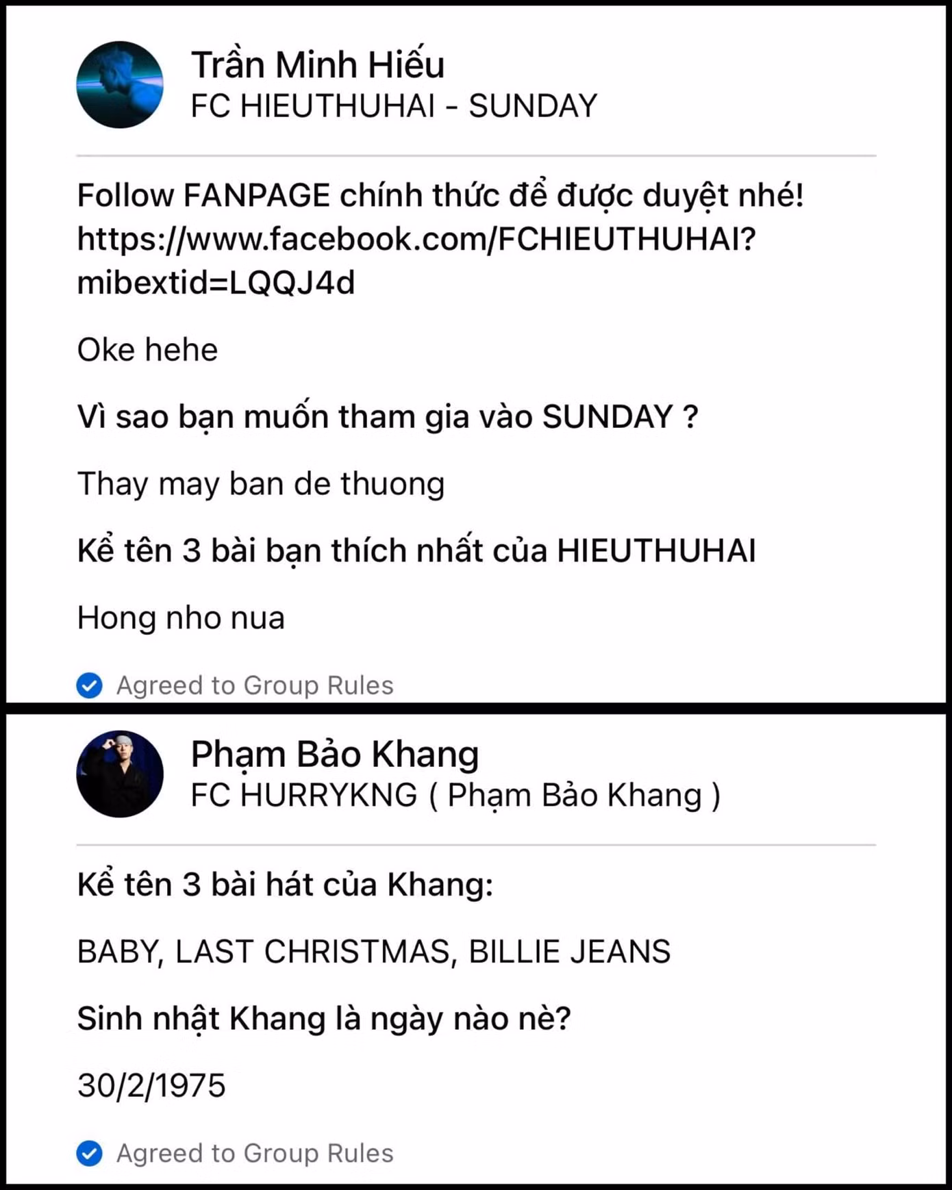 Trong khi HIEUTHUHAI hợp tác với FC thì HURRYKNG lại có câu trả lời "mạo danh" khi tự cho mình sinh ngày 30/2/1975. Ảnh: @phuongyeuoi218
