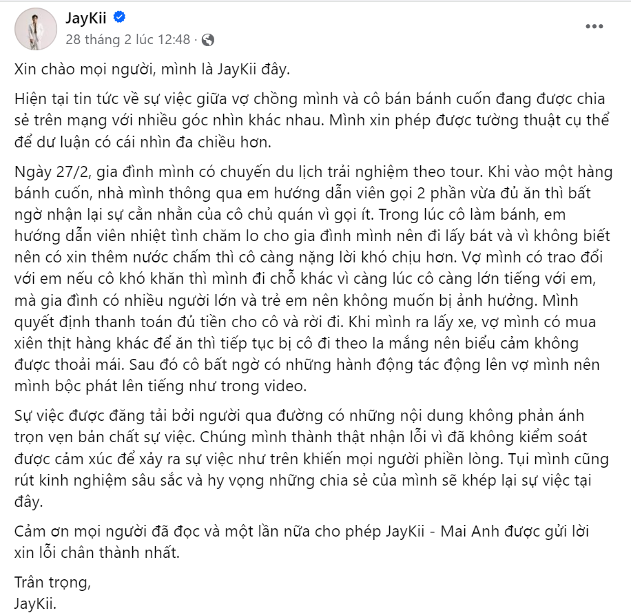 Ngay sau khi nhận nhiều chỉ trích, JayKii đã chia sẻ bài viết tường thuật lại sự việc.