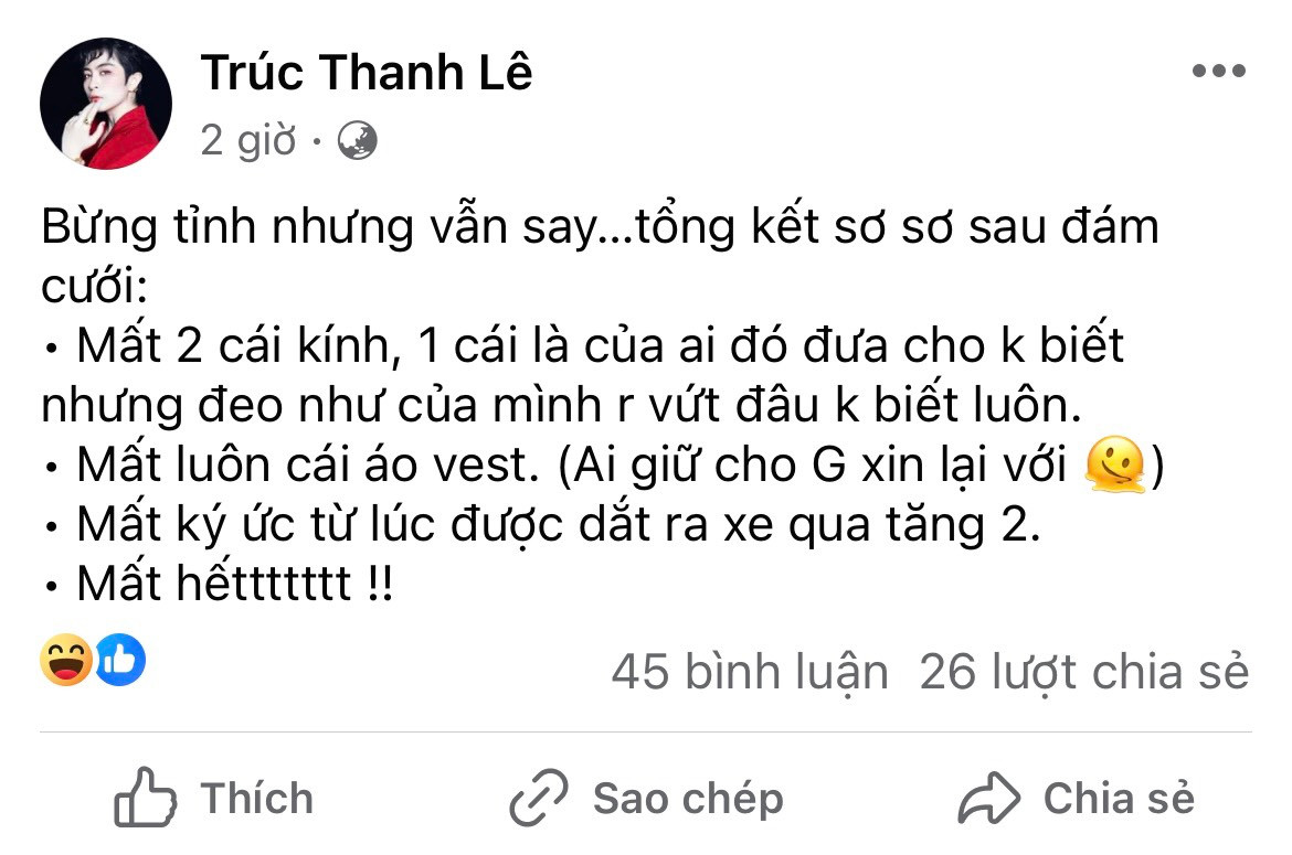 Hậu đám cưới, Gil Lê tổng kết bằng hai từ "mất hết" khi thất lạc hàng tá món đồ. Hậu đám cưới, Gil Lê tổng kết bằng hai từ "mất hết" khi thất lạc hàng tá món đồ.