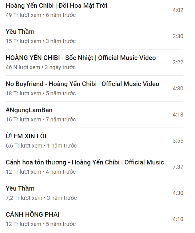 Những ca khúc trước kia của Hoàng Yến Chibi thu về hàng chục triệu lượt xem trên YouTube.