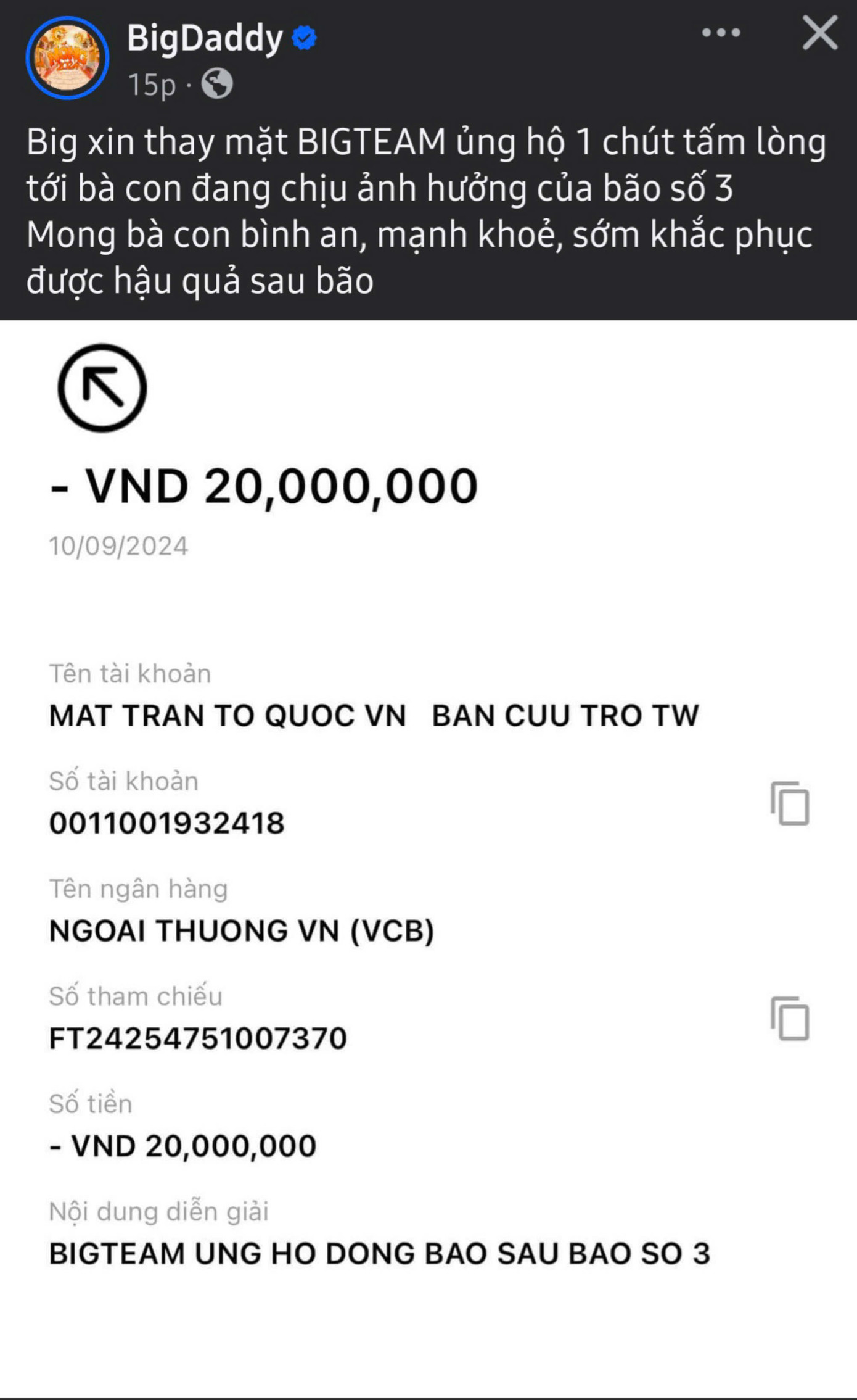 Rapper BigDaddy mong bà con bình an, mạnh khỏe, sớm khắc phục hậu quả sau bão số 3. Rapper BigDaddy mong bà con bình an, mạnh khỏe, sớm khắc phục hậu quả sau bão số 3.