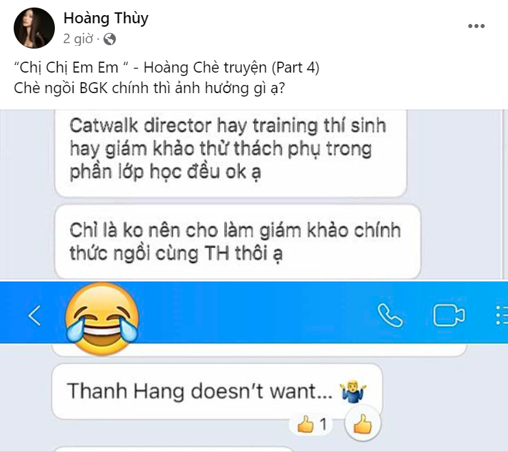 Hoàng Thùy bày tỏ sự khó hiểu: "Chè (biệt danh của Hoàng Thùy) ngồi BGK chính thì ảnh hưởng gì ạ?". Hoàng Thùy bày tỏ sự khó hiểu: "Chè (biệt danh của Hoàng Thùy) ngồi BGK chính thì ảnh hưởng gì ạ?".