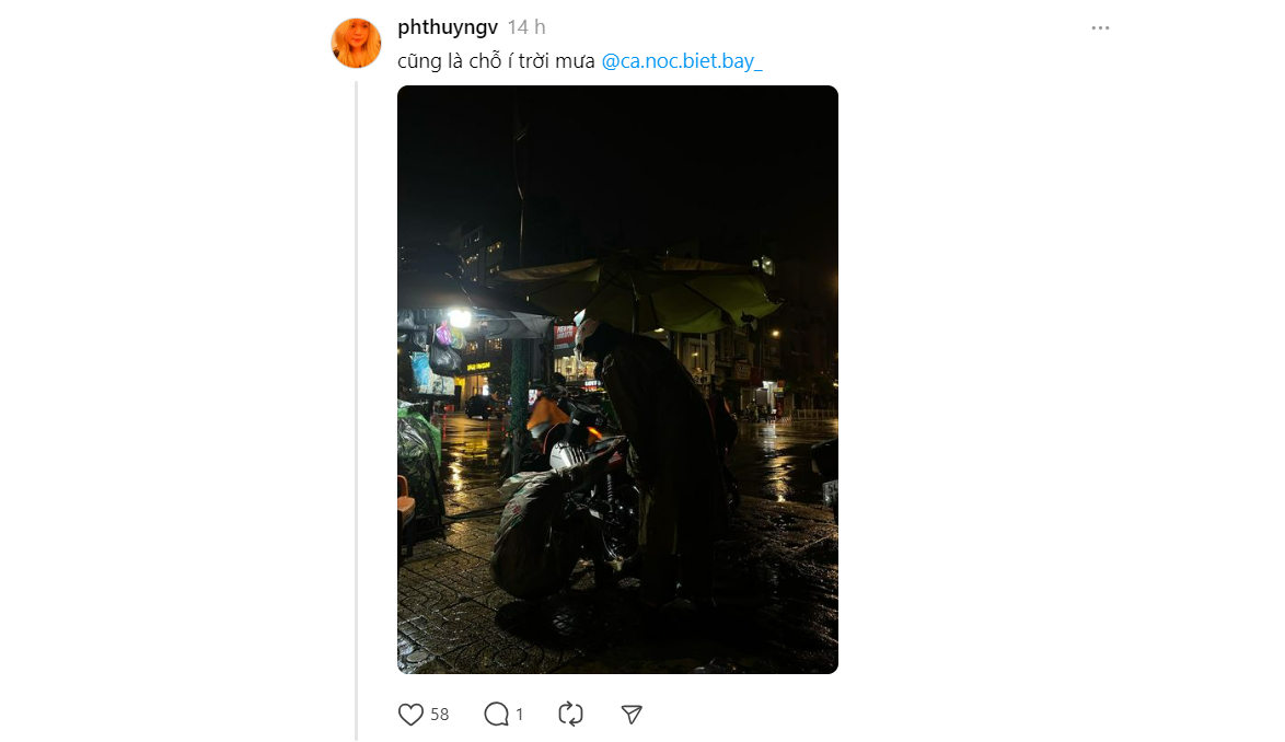 Một tài khoản khác cho biết bản thân cũng đã được chú sửa xe giúp khi trời mưa. Một tài khoản khác cho biết bản thân cũng đã được chú sửa xe giúp khi trời mưa.