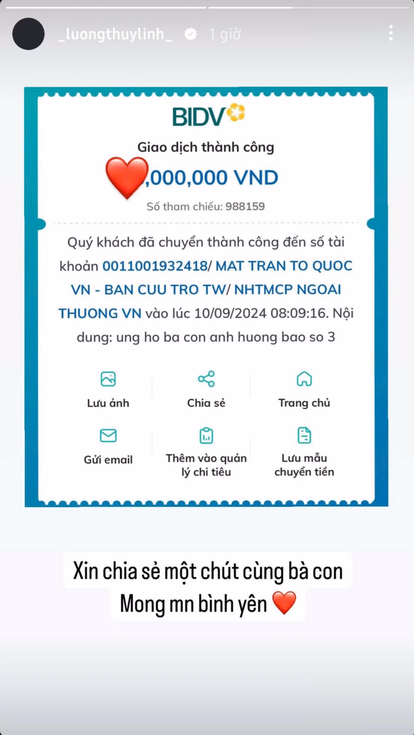 Hoa hậu Lương Thùy Linh ủng hộ bà con bị ảnh hưởng từ bão số 3.